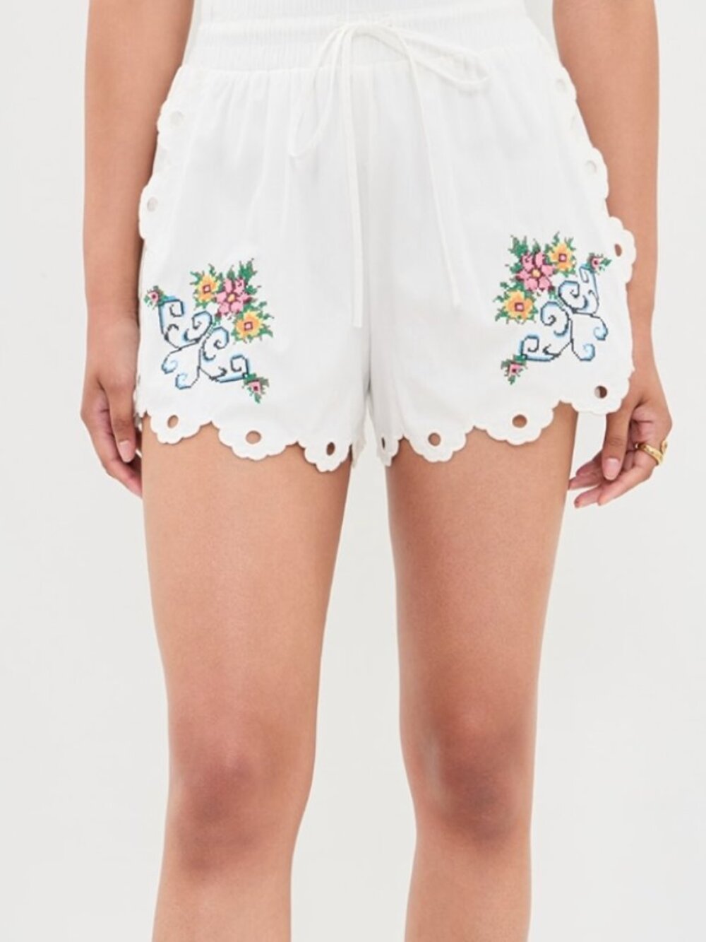 Moon River Scallop Floral Embroidered Shorts  Scallop Floral Embroidered Shorts